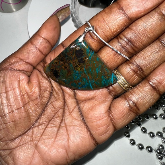 Azurite Fan Pendant Natural Stone Sterling Silver 925 Necklace 18โ - Picture 5 of 7